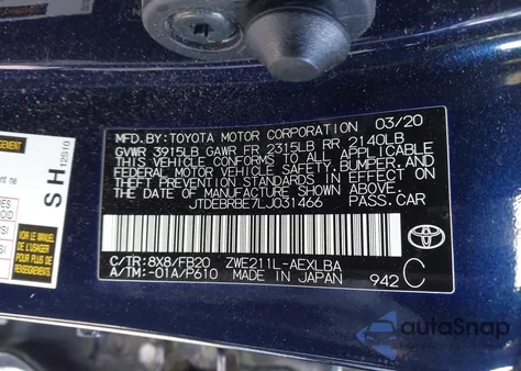 2020 Toyota Corolla Hybrid Le z USA, uszkodzony, nr VIN JTDEBRBE7LJ031466